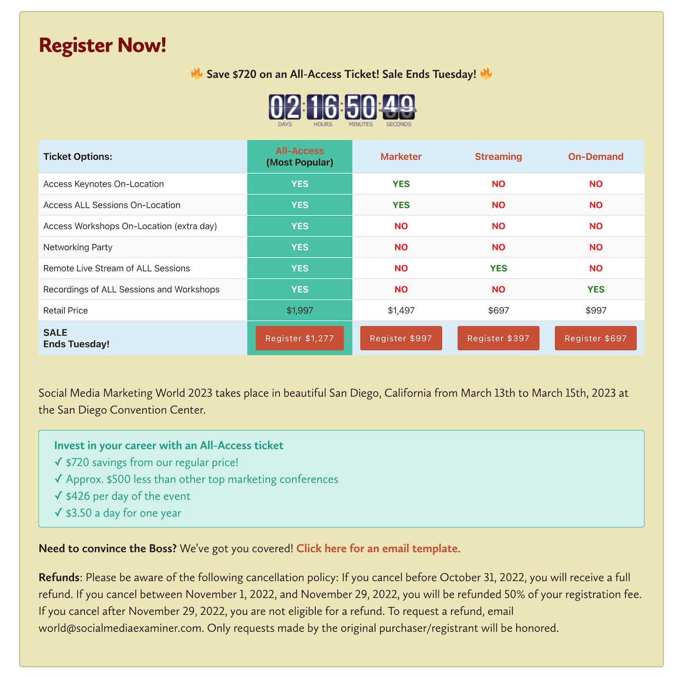 early bird registration example
