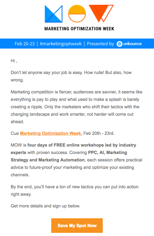 Event invitation email for Marketing Optimization Week