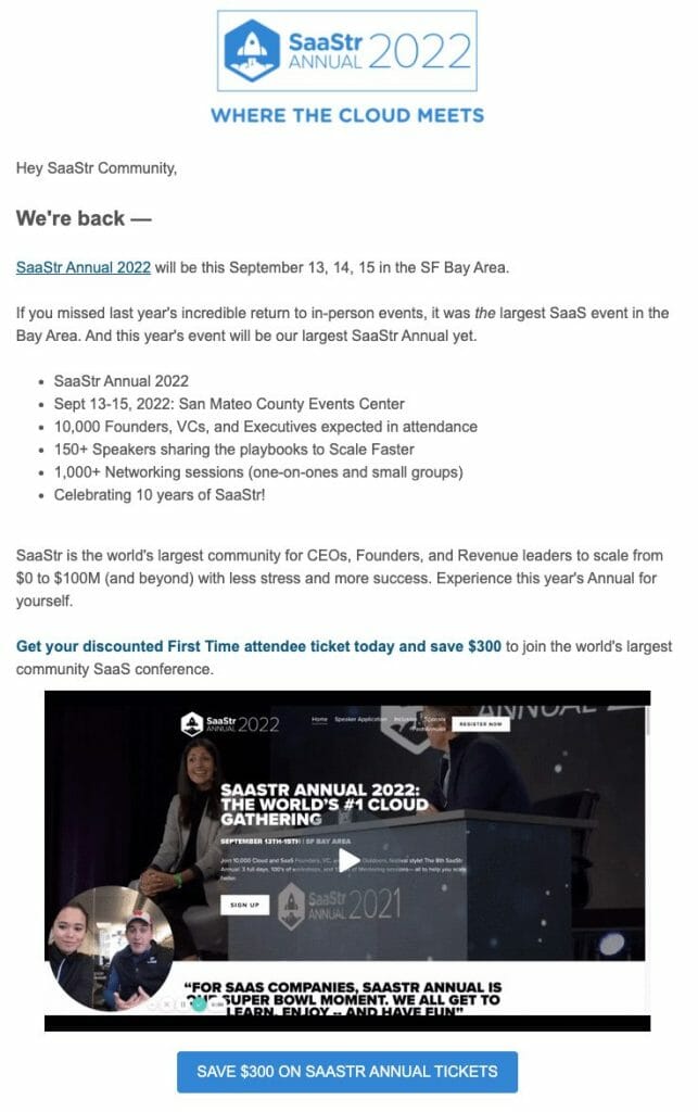screengrab of SaaStr 2022 email invite