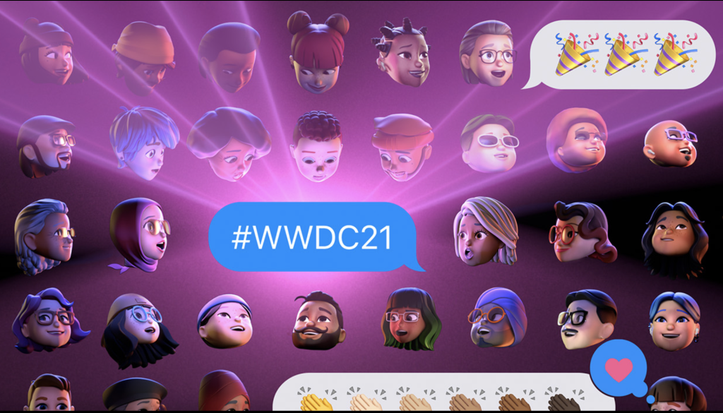 graphic of #WWDC21 with emojis and memojis